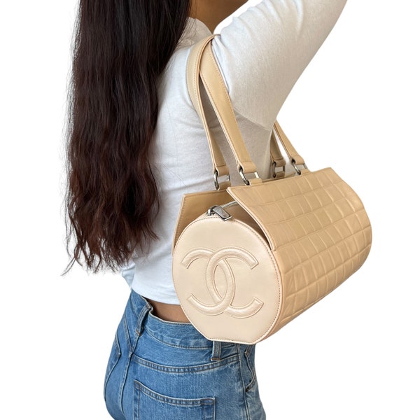 CHANEL Vintage Coco Mark Chocolate Bar Barrel Bag Shoulder Bag Leather RankAB