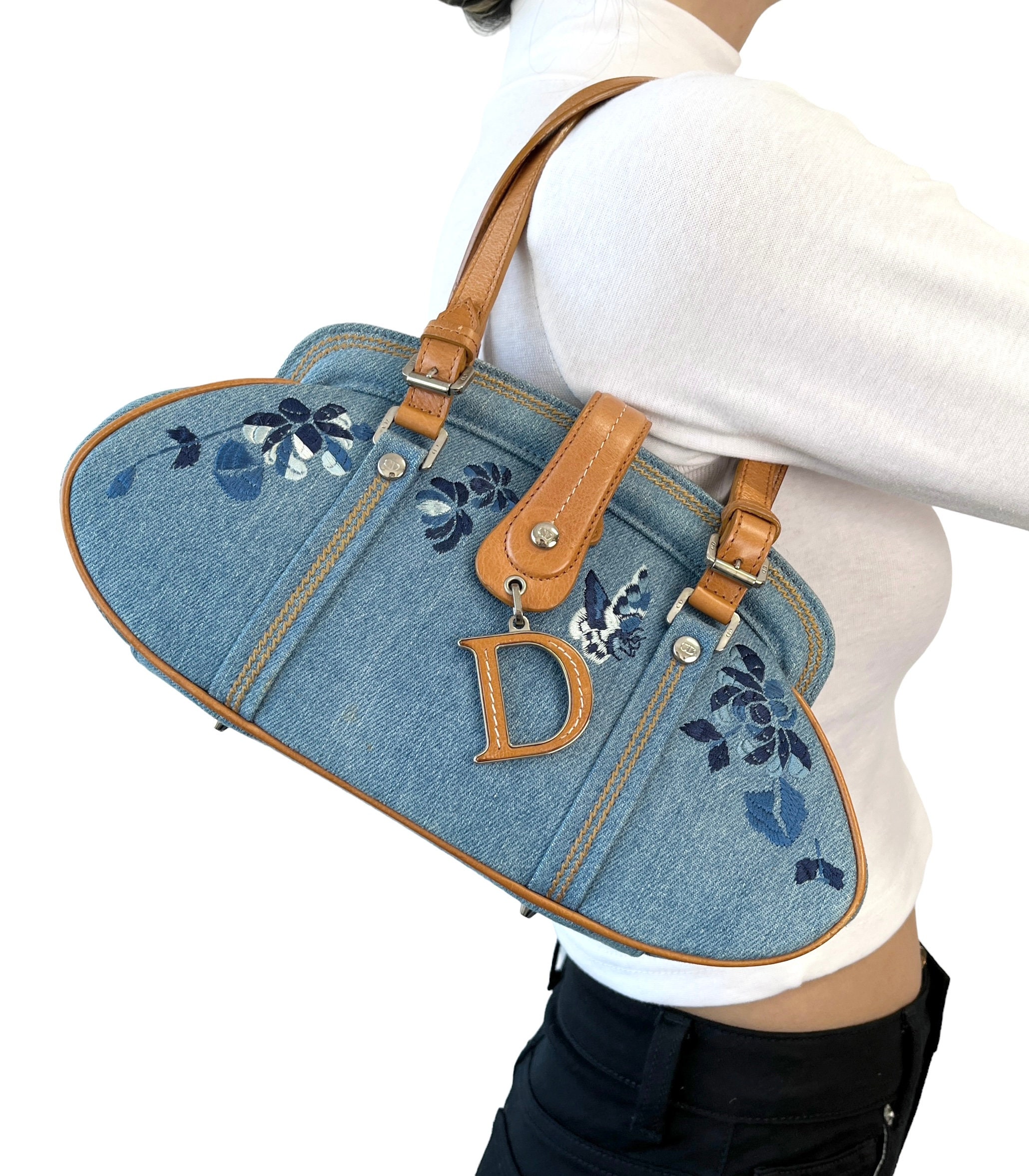 Dior Blue Denim Saddle Pochette Leather Pony-style calfskin Cloth  ref.960955 - Joli Closet