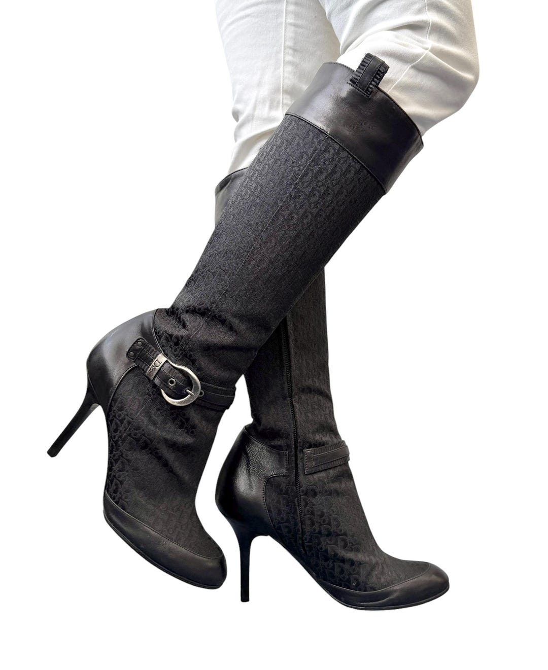Dior Vintage Trotter Monogram Long Boots Heels #38.5 Black