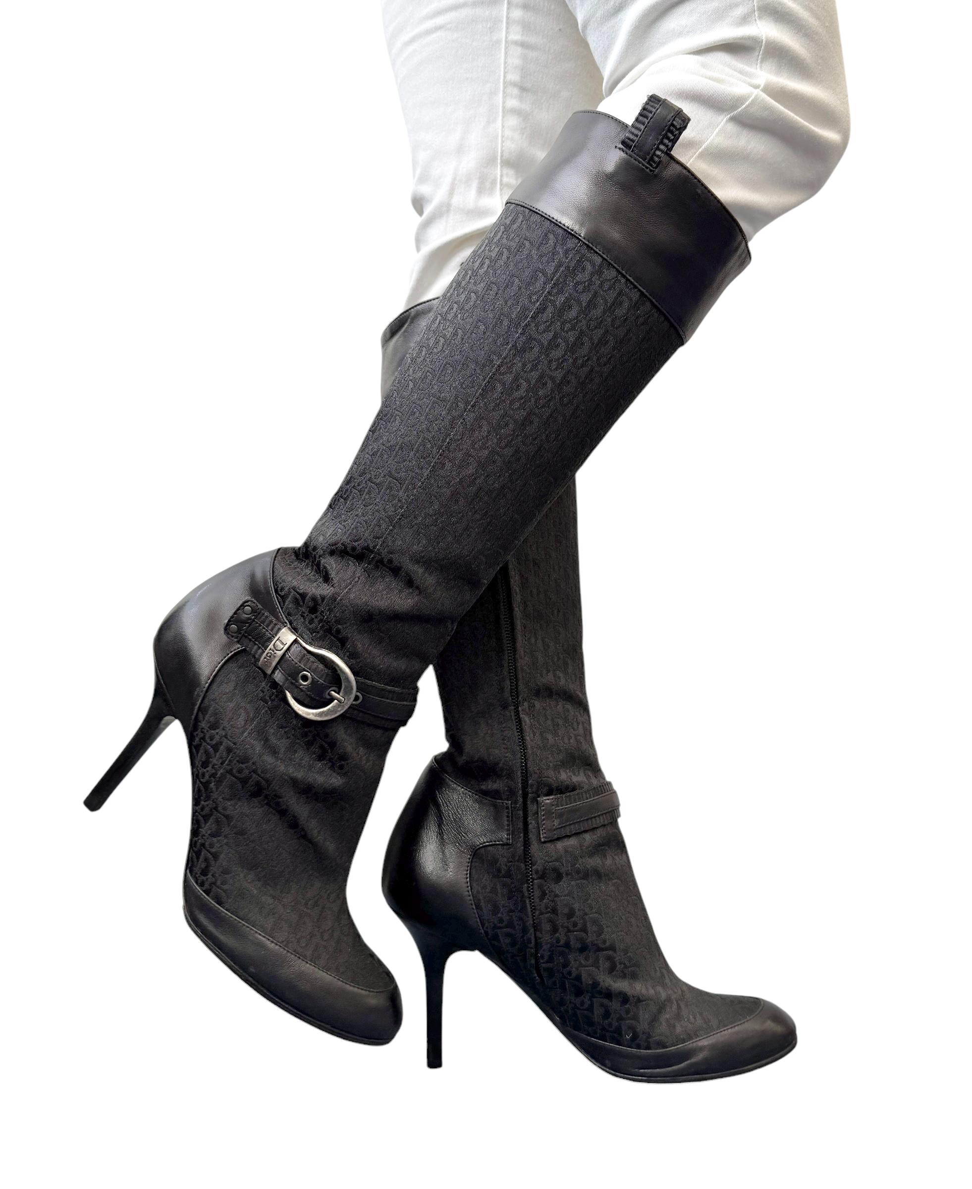 Dior Vintage Trotter Monogram Long Boots Heels #38.5 Black