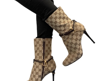 GUCCI Vintage GG Monogram Ankle Boots Heels Belt #36.5-37 Bootie Beige Brown