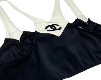 CHANEL Vintage CC Mark Bicolor Swimsuit Bikini #42 Black White