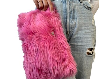 PRADA Vintage Logo Clutch Bag Artificial Fur Leather Zip Pink Silver RankAB+