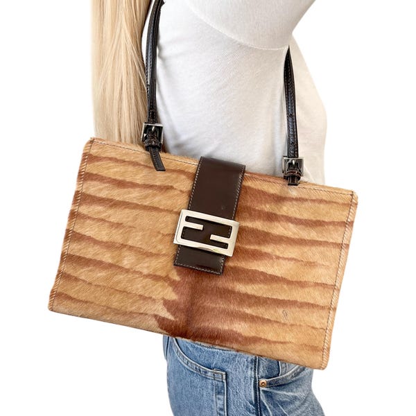 FENDI Vintage FF Logo Borsa a tracolla Tote Bag Marrone Argento Pelle di vitello