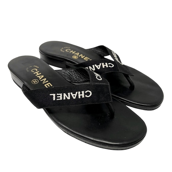 CHANEL Vintage CC Mark Logo Flip-flops Sandals #37 Flat Black
