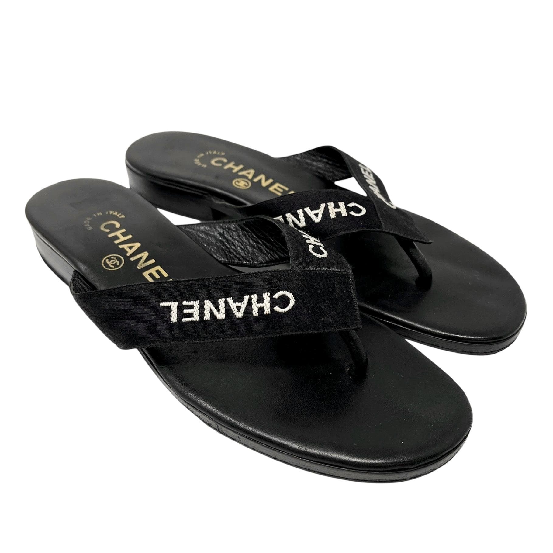 CHANEL Vintage CC Mark Logo Flip-flops Sandals #37 Flat Black