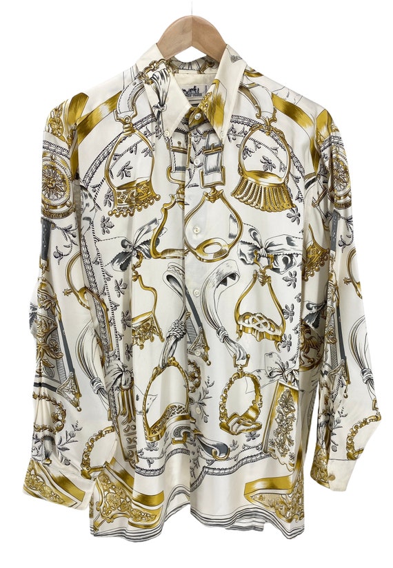 HERMES Vintage Logo Silk Shirts Tops Casual Shirts Serie 41 Ivory Rankb 