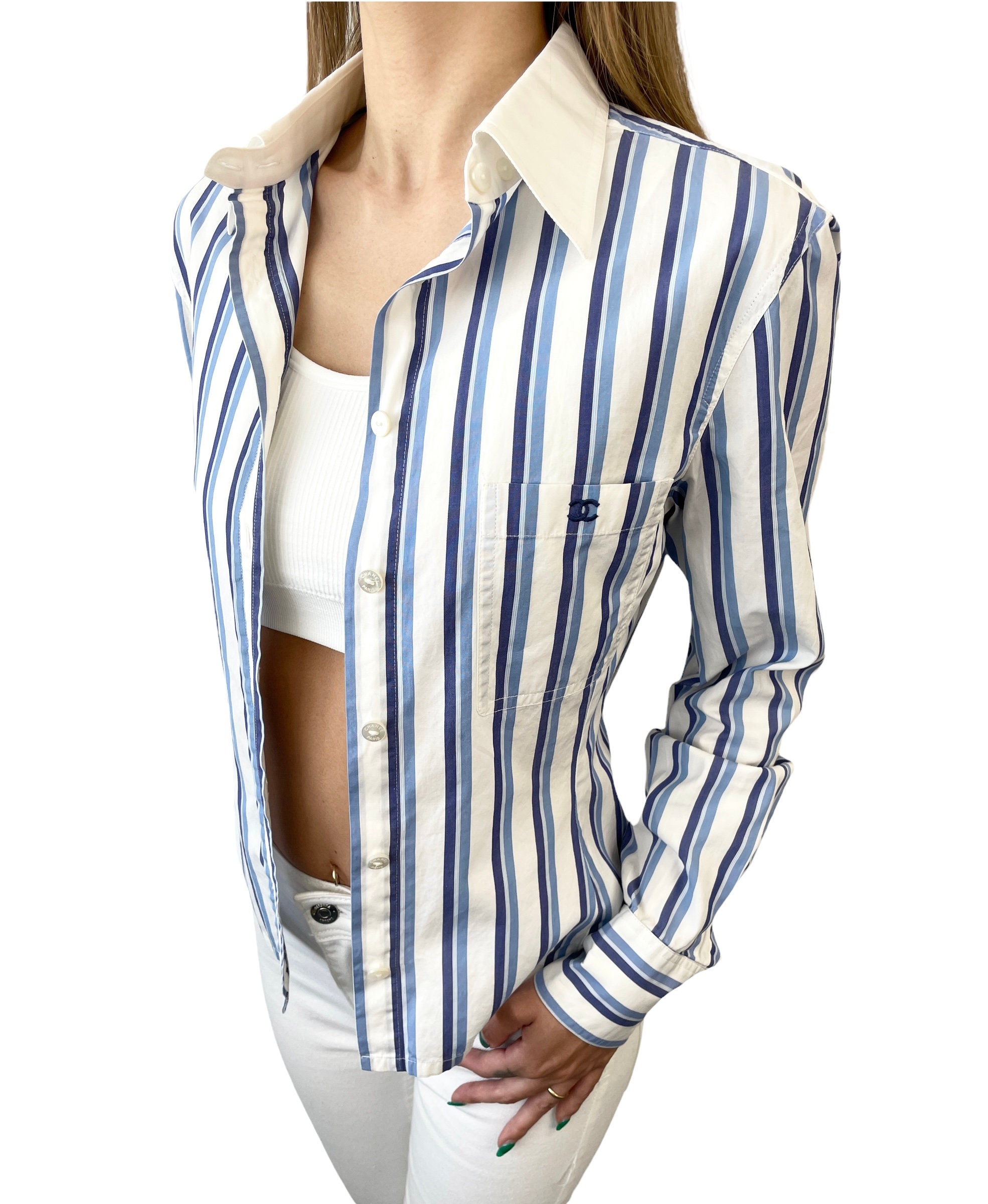 Chanel CHANEL Stripe Coco Mark Button Blouse Long Sleeve Shirt Red