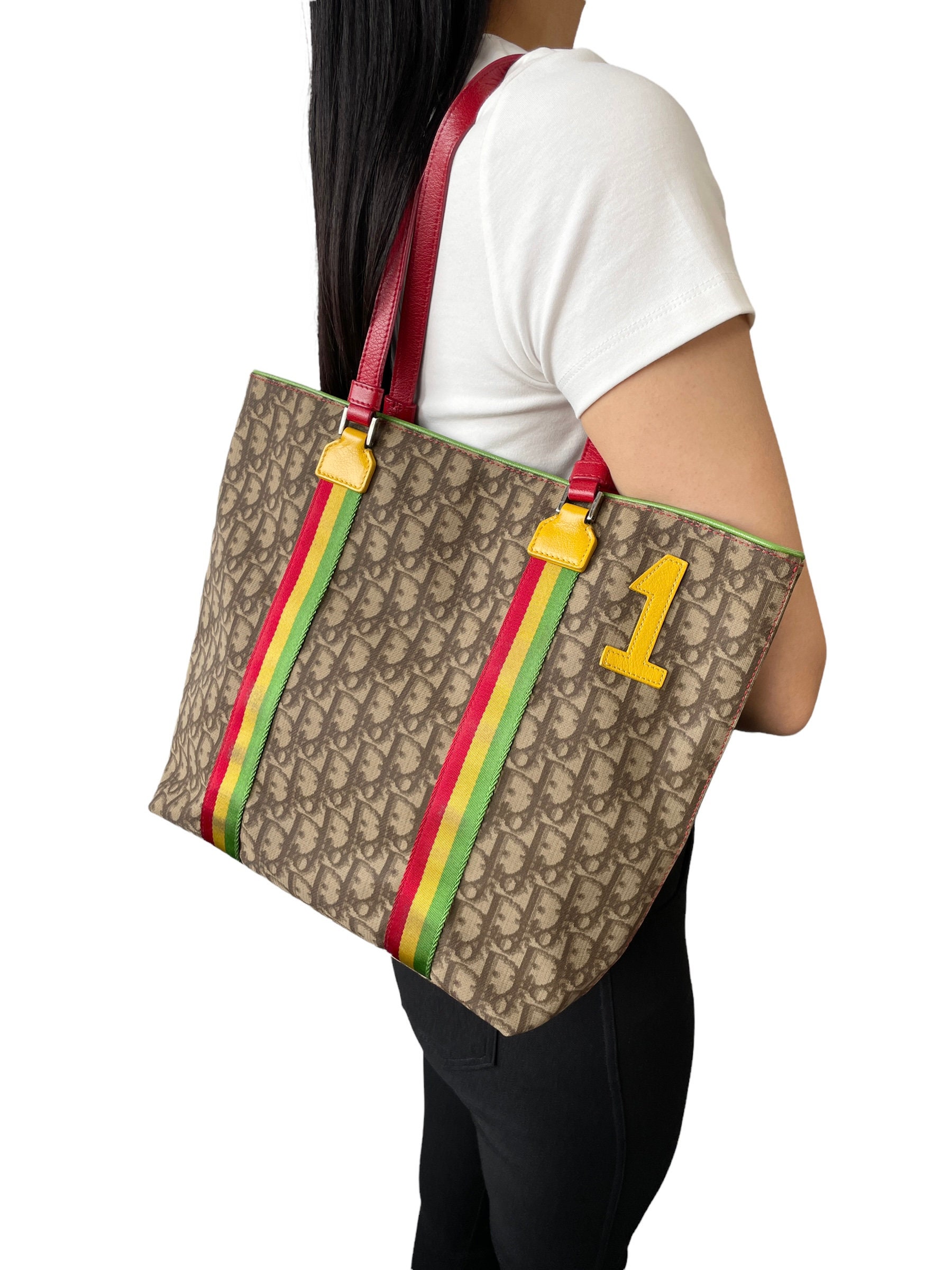 Christian Dior Vintage Trotter Monogram Tote Bag Rasta Color Christian Dior Vintage Trotter Monogram Tote Bag Rasta Color