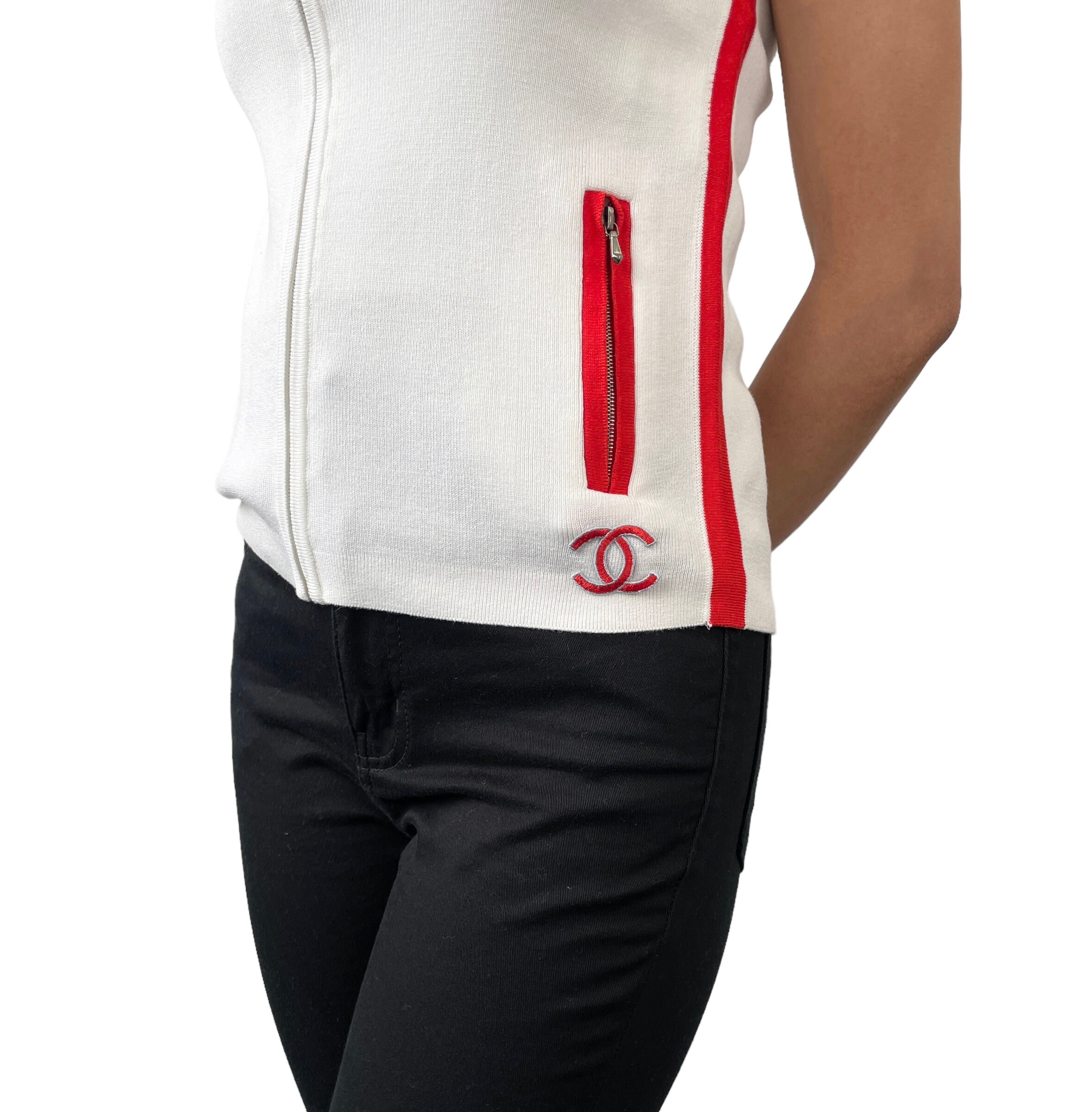 CHANEL Vintage Coco Mark Logo Tank Top Polo Zip White Red 