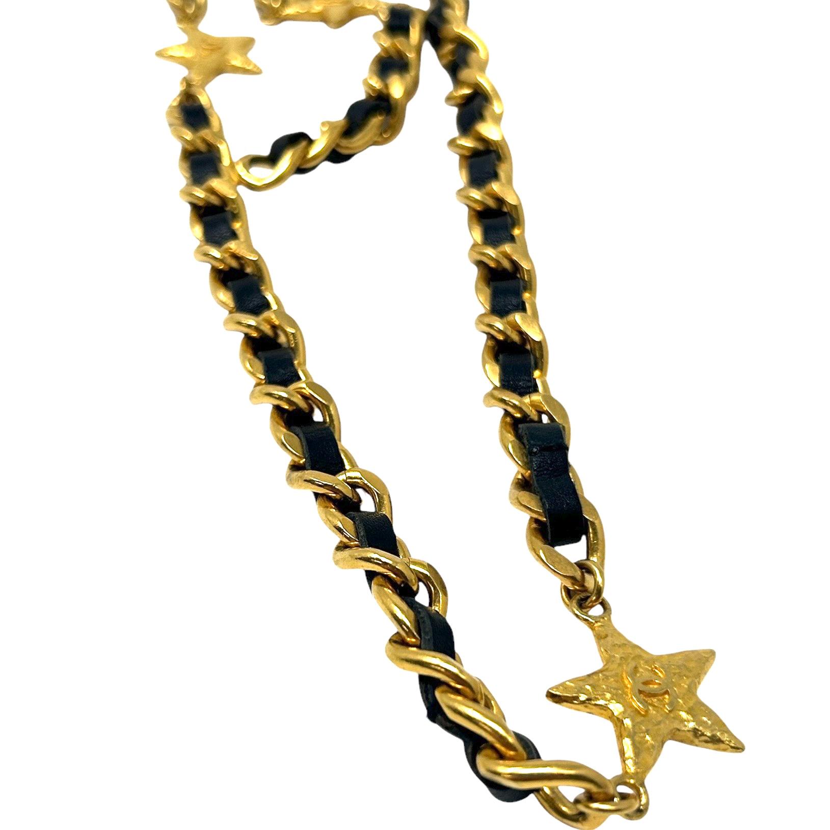 CHANEL Vintage 95A CC Logo Chain Belt Gold Black Leather  display picture 1