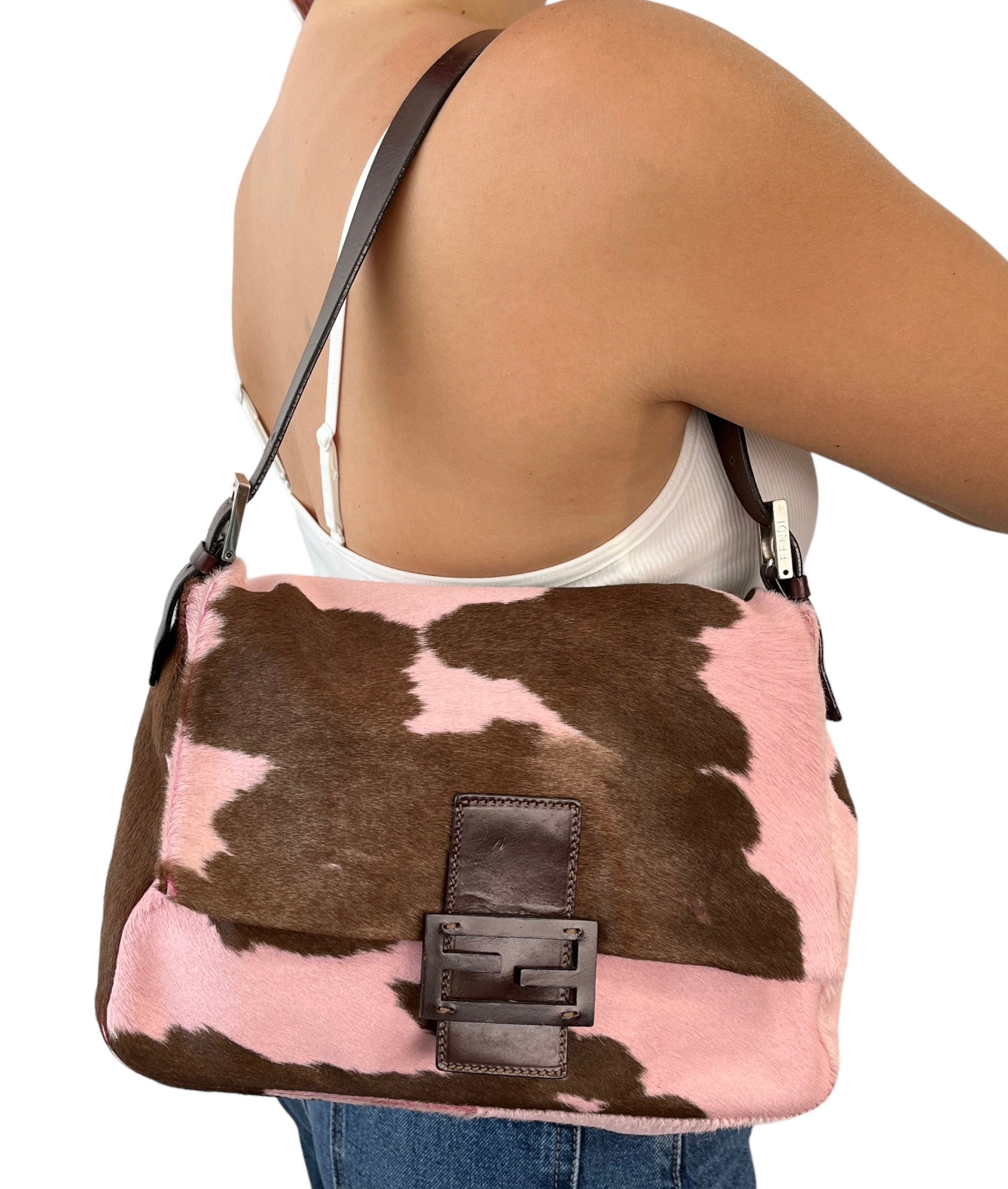 Fendi Vintage Mamma Baguette Shoulder Bag Pink Brown Calf Hair Rank AB