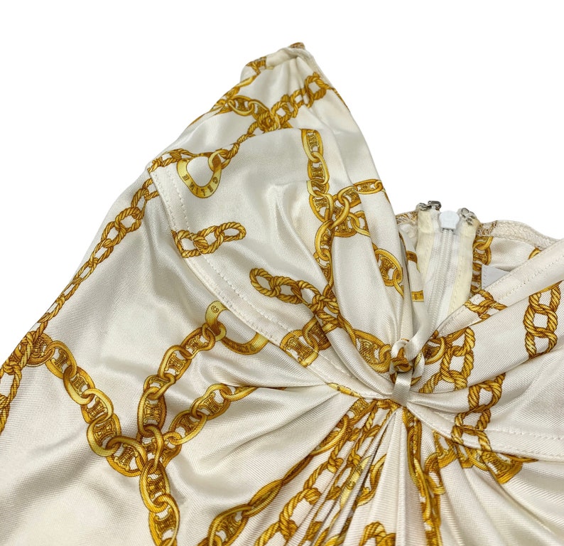 CELINE Vintage Logo Chain Pattern Dress S Strapless Gold White Rayon Rank AB image 7