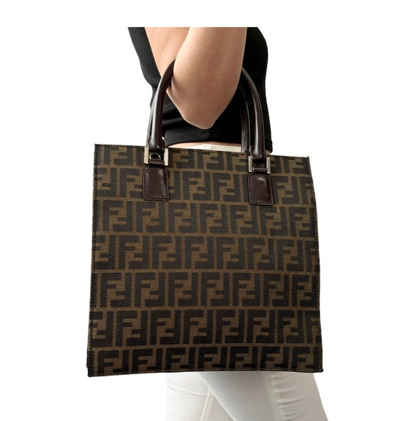 FENDI Vintage Zucca Monogram Logo Tote Bag Zip Brown Nylon 