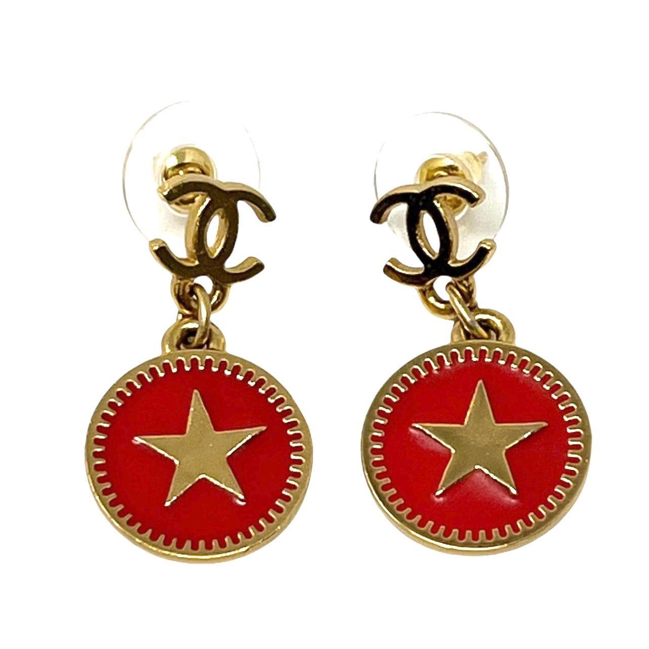 【CHANEL】★Vintage★CC LOGO EARRINGS ロゴ ピアス CHANEL Vintage 01P CC Logo Star Studded Earring Gold Red