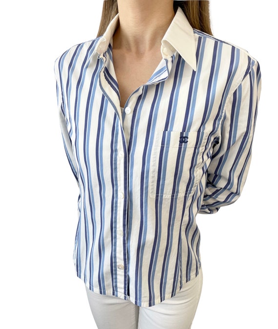CHANEL Vintage Coco Mark Logo Shirt Top Button up Stripe White 