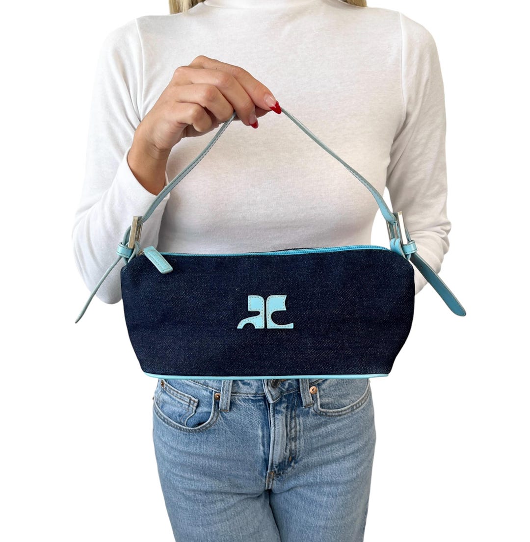 Courreges Vintage Logo Shoulder Bag Denim Blue Silver Zip