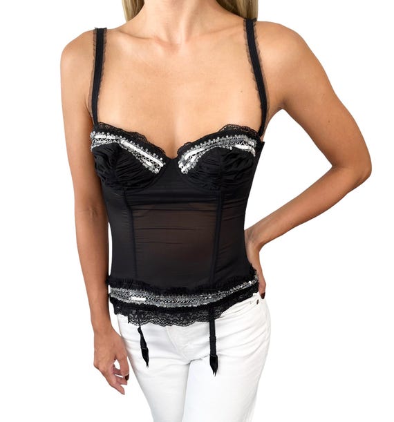 John Galliano Vintage Sequins Bustier Corset #85 Lace Black Silver 