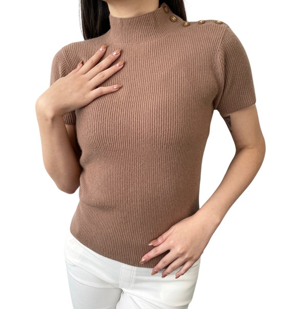 CHANEL Vintage 96C CC Mark Button Rib Knit Top 38 High Neck Brown 