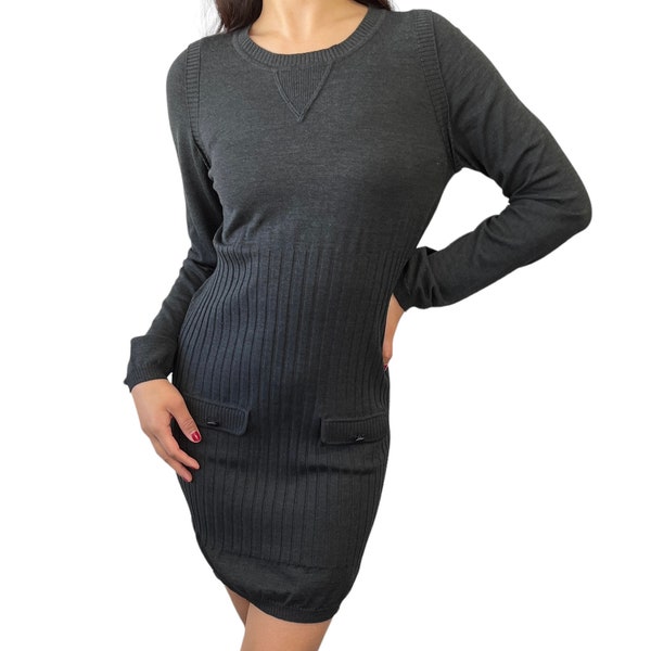 CHANEL Vintage P39367 CC Mark Back Logo Knit Dress #42 Dark Gray Wool RankAB