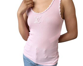LOUIS VUITTON Vintage LV Beads Logo Tank Top #M Pink White