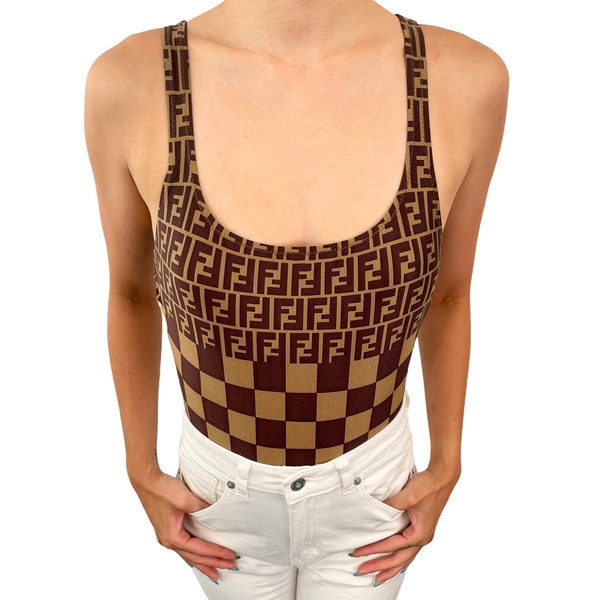 FENDI Vintage Zucca Monogram Swimsuits One-piece #42 Khaki Brown Checker RankAB+