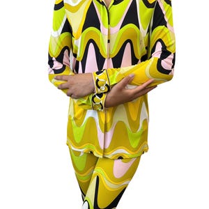 EMILIO PUCCI Vintage Logo Multicolor Shirt Pants Set #38 Button Zip Rayon