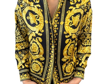 GIANNI VERSACE Vintage Silk Shirts #38 Top Blouse Gold Black Button RankAB+