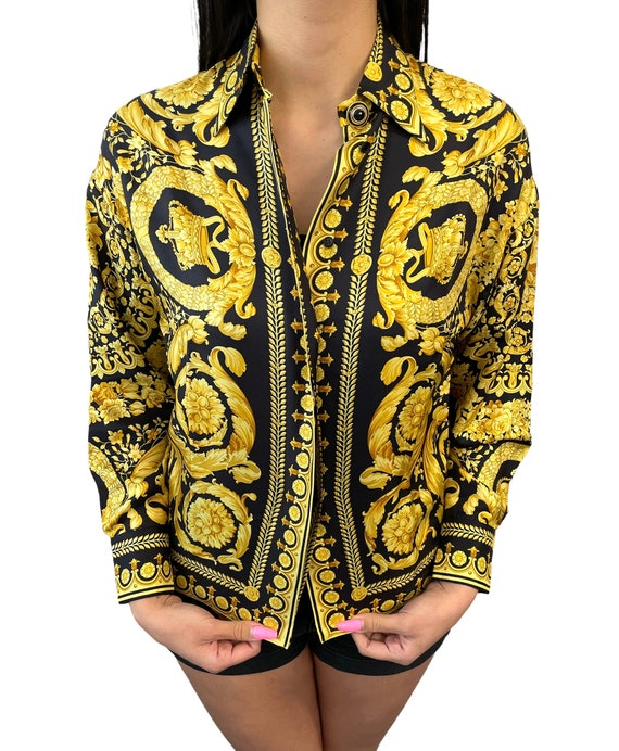 GIANNI VERSACE Vintage Silk Shirts 38 Top Blouse Gold Black Button