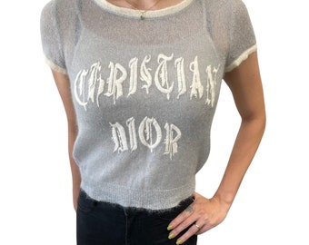 Christian Dior Vintage Logo Short Sleeve Sweater Tops #36 See-through RankAB