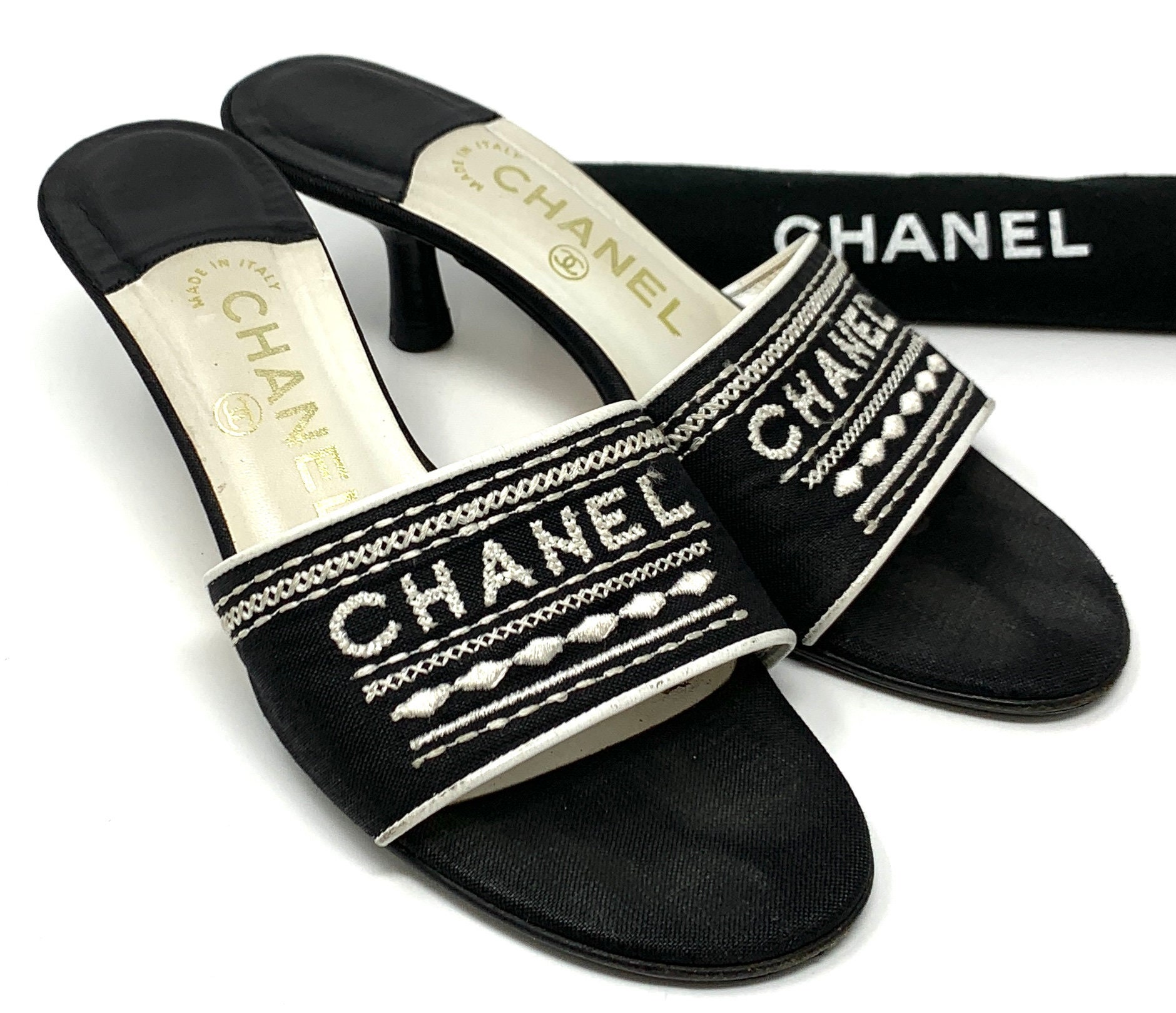Authentic CHANEL Vintage Logo Sandals Mules Heels 36 US 5.5 