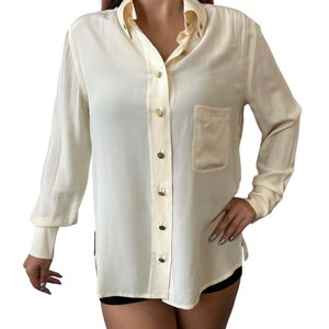 CHANEL Vintage 97P Coco Mark Logo Button Shirt #36 White Gold Linen RankAB