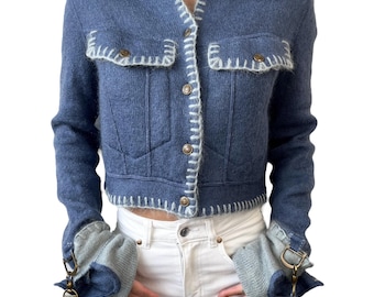 Christian Dior Vintage 2000 CD Logo Knit Cropped Jacket #40 Mohair Blue RankAB