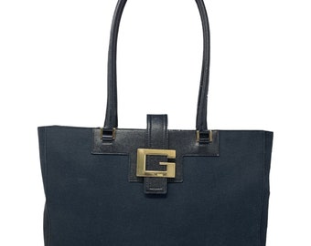 Gucci Vintage Logo G Square Tote Bag Shoulder Bag Black Canvas Leather RankAB