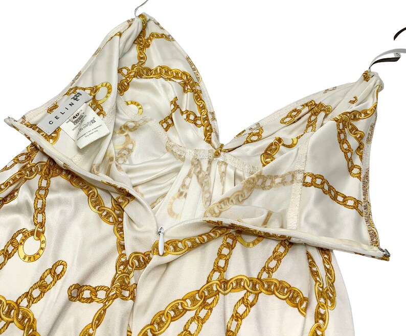 CELINE Vintage Logo Chain Pattern Dress S Strapless Gold White Rayon Rank AB image 6