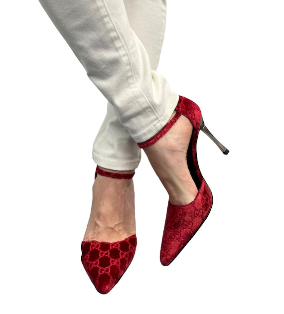 GUCCI Vintage GG Monogram Heels #37 US 6.5 Pumps Red Silver GUCCI Vintage GG Monogram Heels #37 US 6.5 Pumps Red Silver