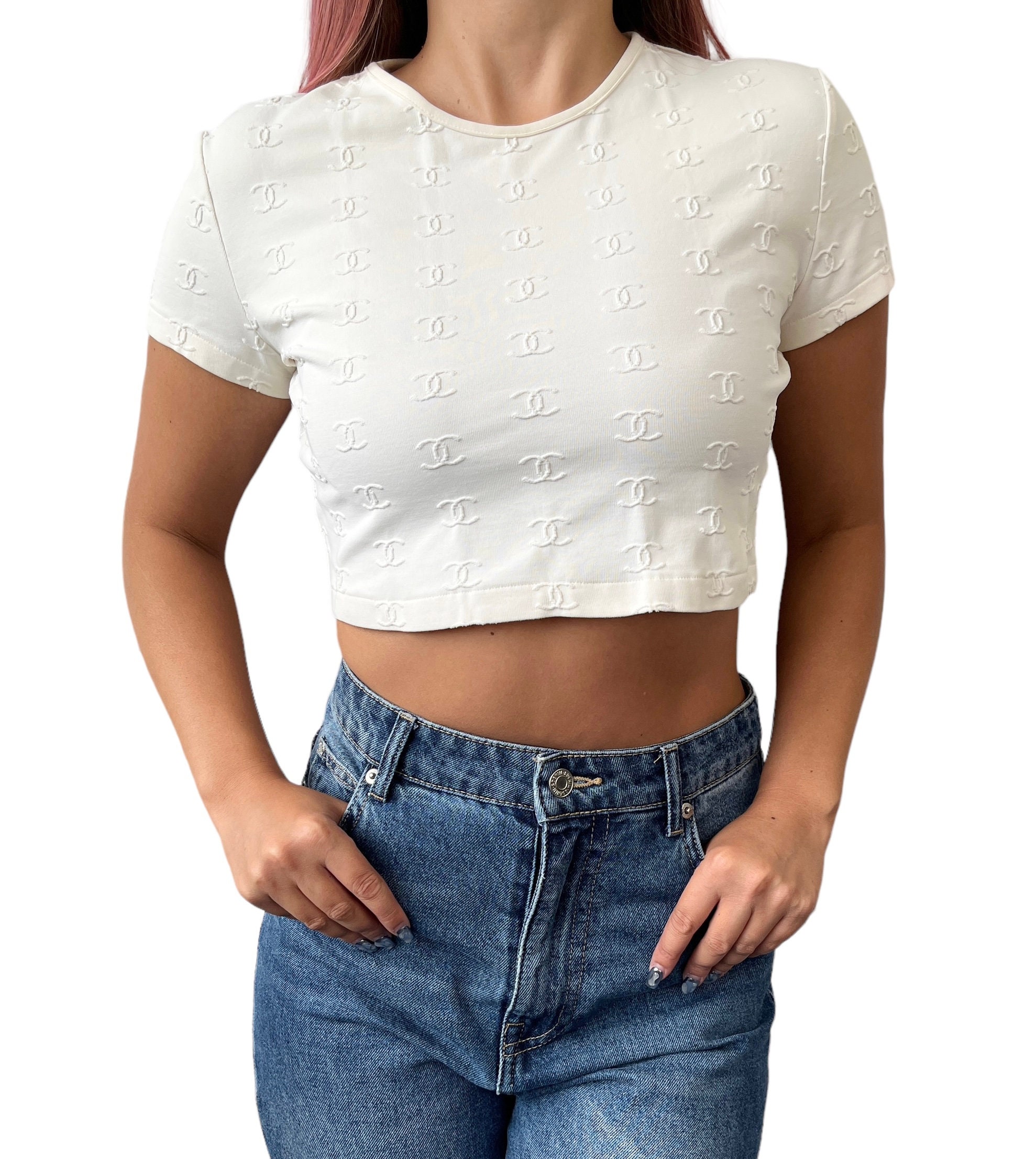 CHANEL, Tops, Auth Chanel Logo White Button Up Crop Top Shirt Sz34  Popular Rare