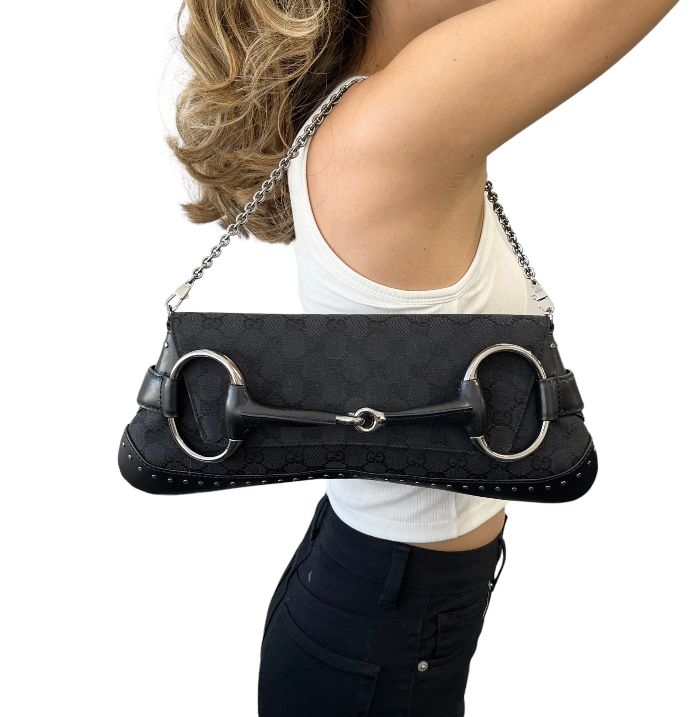 GUCCI Vintage GG Monogram Horsebit Chain Shoulder Bag Black GUCCI Vintage GG Monogram Horsebit Chain Shoulder Bag Black