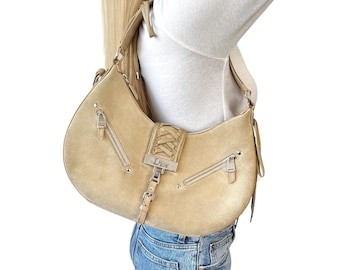 Christian Dior Vintage Logo Admit It Shoulder Bag Beige Silver Suede Tie Zip