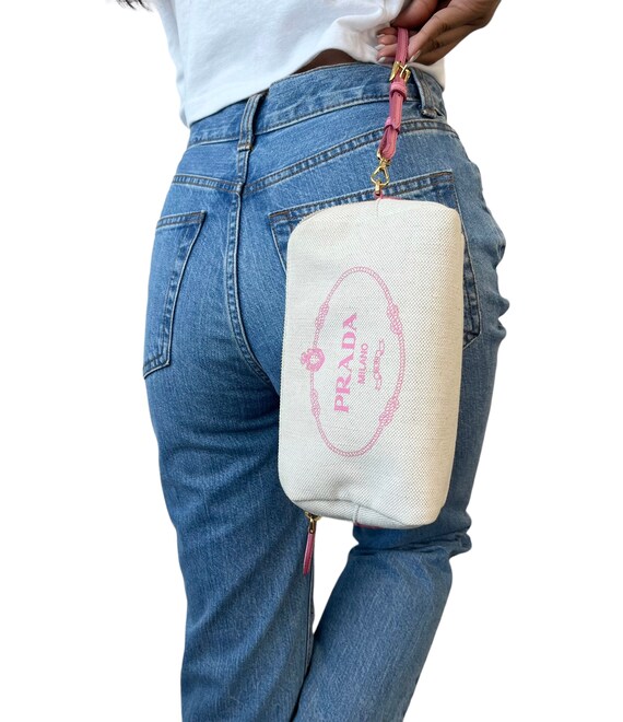 PRADA Vintage Big Logo MISTOLINO Wristlet Bag Pouch Cream Pink Canvas Rank AB Etsy UK