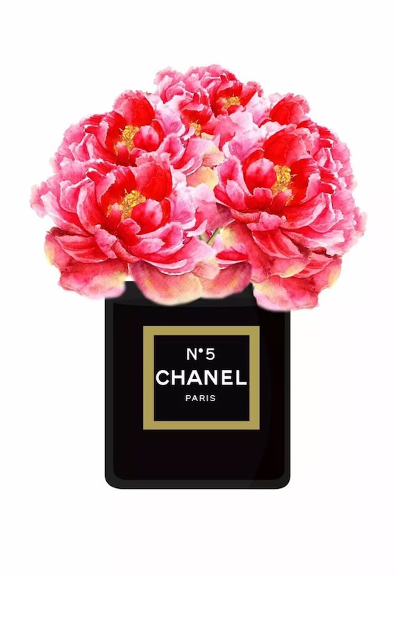 Coco Chanel Perfume Bottle Print  Pink Roses Watercolor Wall Art