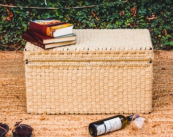 Baúl de yute natural artesanal, elegante baúl tejido a mano, baúl de yute para guardar cosas, baúl de mimbre vintage con asas, baúl de mimbre artesanal único.