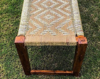 Handwoven Indian Style Bench Rustic Storage Bench Entryway Bench Wooden Bench With Woven Rope Boho Entryway Bench Vintage Furniture