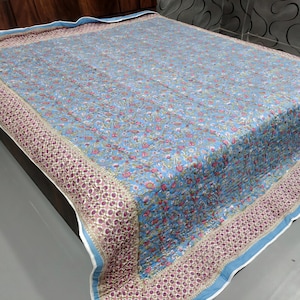 Handmade Jaipuri Quilt | Blue Floral Cotton Razai | Lightweight Comforter Blanket | Indian Block Print Bedding | Boho Bedroom Decor