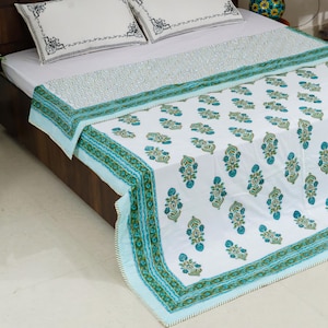 Green Flower Cotton Quilt | Floral Block Print Razai | Lightweight Reversible Blanket | Traditional Indian Bedding | Cozy Summer Quilt