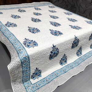 Handmade Jaipuri Cotton Quilt | Blue Floral Block Print Razai | Lightweight Boho Comforter | Indian Bedding Blanket