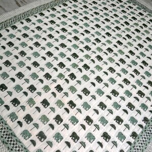 Green Handmade Elephant Block Print Quilt umbrella block print Green Cotton Jaipuri Razai Comforter Kids Room Bedding