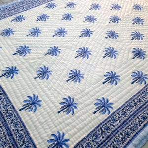 Handmade Cotton Block Print Quilt | Blue Palm Tree Jaipuri Razai | Reversible Lightweight Comforter | Indian Bedding Throw Blanket |
