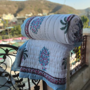 Tree Block Print Quilt | Reversible Cotton Jaipuri Razai Boho Bedding Comforter | Lightweight Throw Blanket Palm Tree Quilt