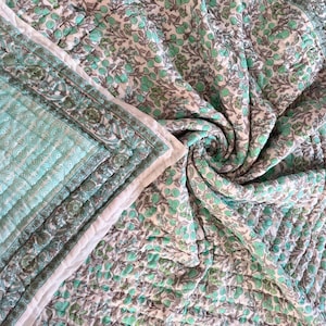 Green Floral Block Print Quilt | Reversible Cotton Jaipuri Razai | Handcrafted Indian Bedding Blanket